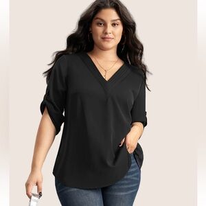 BloomChic Plus Size V Neck Plain Pleated Tab Sleeve Blouse